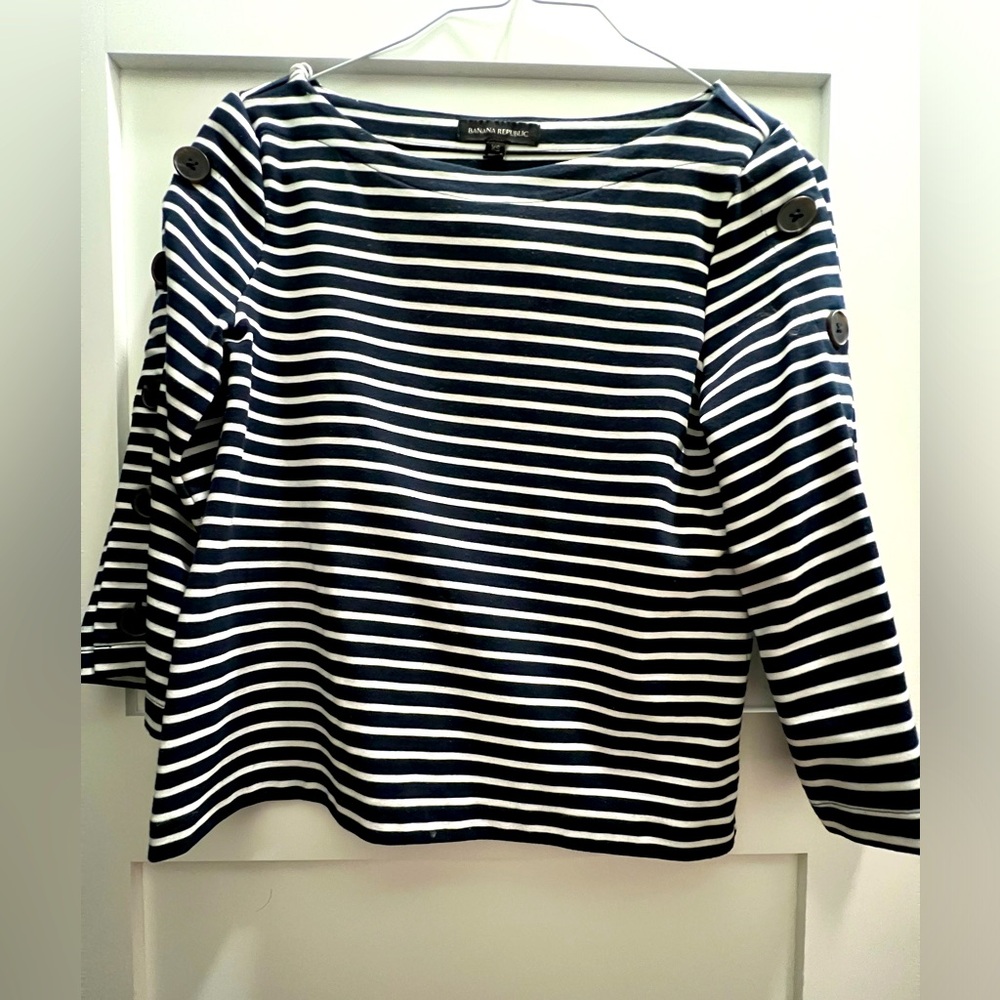 Banana Republic Womens 3/4 Sleeve Top Boat Neck Pullover Striped Black White XS